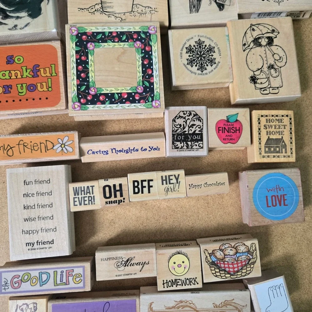 Stampin Up Wood Mounted Rubber Stamp Lot 30pc Sentiments Friendship Floral Beach